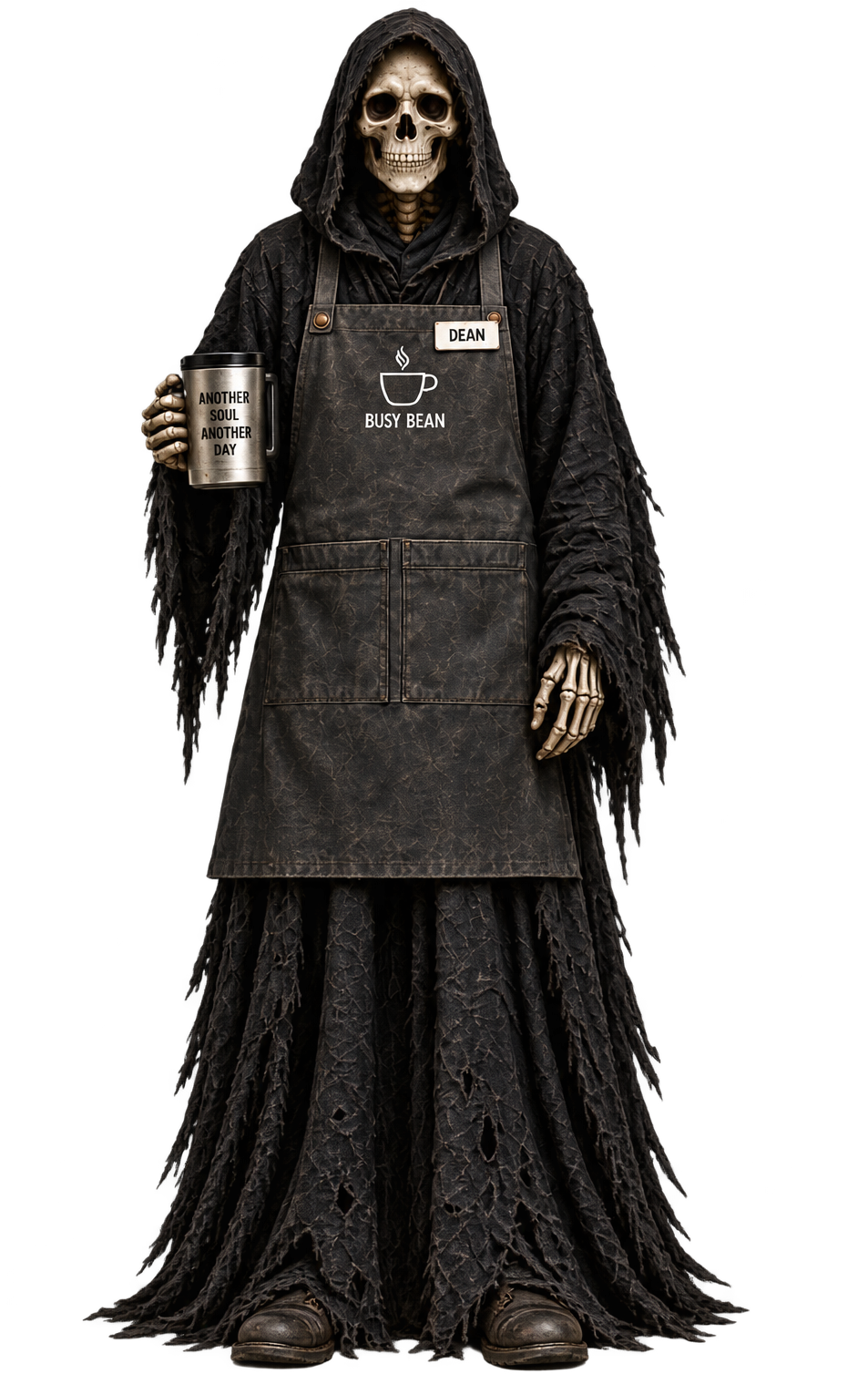Death in his Busy Bean apron, holding his travel mug