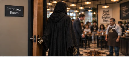 Death entering the coffee shop beside the Interview Room sign
